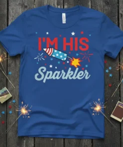 I'm His Sparkler t-shirt with a firework rocket design, red, white, and blue patriotic theme