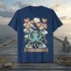 Steampunk octopus holding heart balloons with text "I'm Holding Onto You" on a navy blue t-shirt