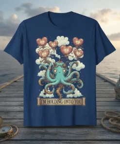 Steampunk octopus holding heart balloons with text "I'm Holding Onto You" on a navy blue t-shirt