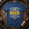 Funny "I'm Holding A Beer So Yeah, I'm Pretty Busy" quote t-shirt design with beer mugs graphic