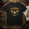 Black t-shirt with gold western skull graphic and "I'm Horny" text in vintage font
