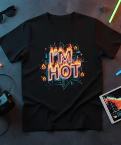 Black t-shirt with "I'M HOT" text in fiery neon font, surrounded by circuit board graphics and flames