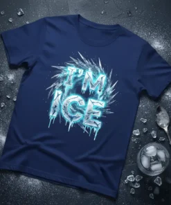 Navy blue t-shirt with the bold text "I'M ICE" surrounded by sharp, glowing blue icicles and dripping ice effects
