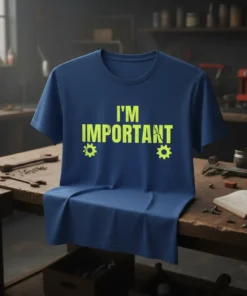 Blue t-shirt with neon yellow text "I'M IMPORTANT" and gear graphics, suitable for mechanics and engineers