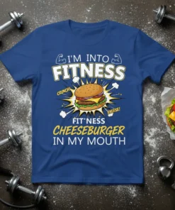 I'm Into Fitness Cheeseburger In My Mouth t-shirt with comic-style burger graphic and text