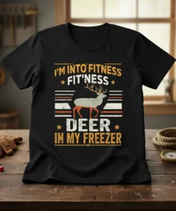 T-shirt with "I'm Into Fitness Fit'ness Deer In My Freezer" text and a deer graphic, designed for hunters