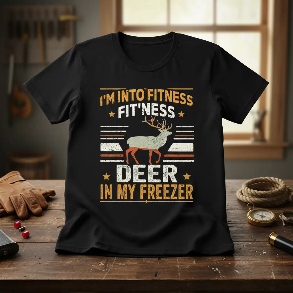 I'm Into Fitness Fit'ness Deer In My Freezer quote with deer graphic on a hunting enthusiast tee