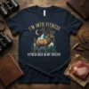 Navy t-shirt with "I'm Into Fitness Fit'ness Deer In My Freezer" text and a graphic of a deer in a