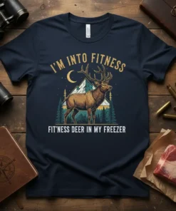 Navy t-shirt with "I'm Into Fitness Fit'ness Deer In My Freezer" text and a graphic of a deer in a