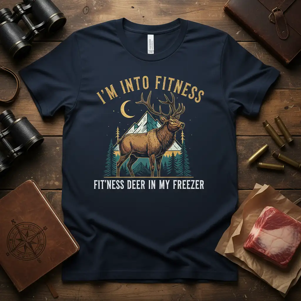 I'm Into Fitness Fit'ness Deer In My Freezer quote on a navy t-shirt with elk and mountain graphic