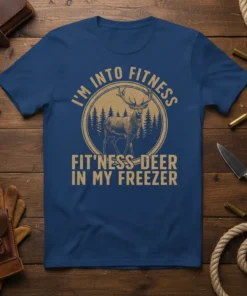 T-shirt with "I'm Into Fitness Fit'ness Deer In My Freezer" quote and deer graphic