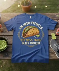 T-shirt with "I'M INTO FITNESS FIT'NESS TACO IN MY MOUTH" text and a taco graphic, presented on a blue tee