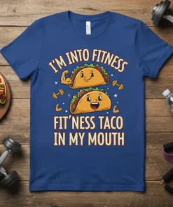 I'm Into Fitness Fit'ness Taco In My Mouth text with cartoon tacos flexing muscles and holding dumbbells, on a blue
