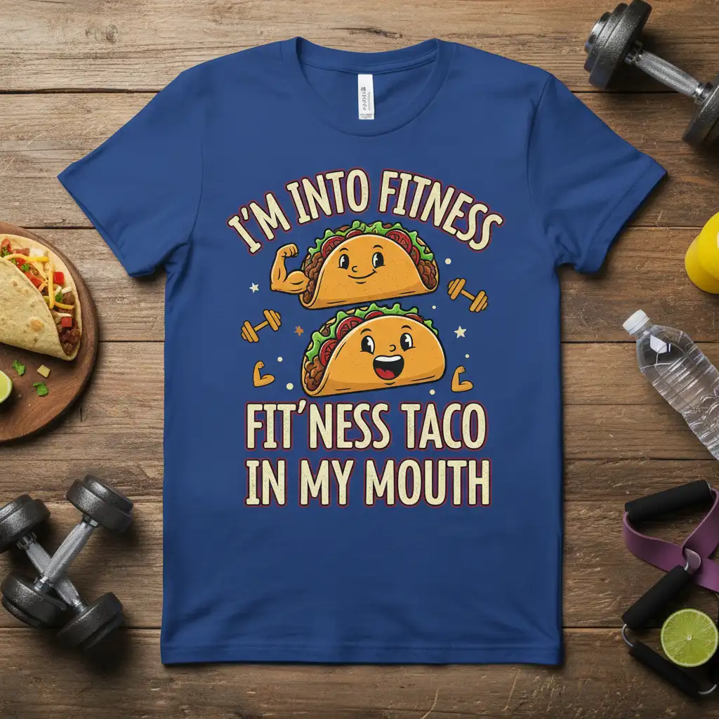 I'm Into Fitness Fit'ness Taco In My Mouth humorous quote with cartoon flexing tacos and dumbbells graphic