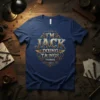 I'M JACK DOING TANGS THINGS quote on a navy blue t-shirt with ornate golden lettering and wing graphics