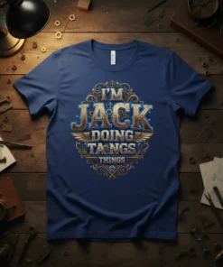 I'M JACK DOING TANGS THINGS quote on a navy blue t-shirt with ornate golden lettering and wing graphics