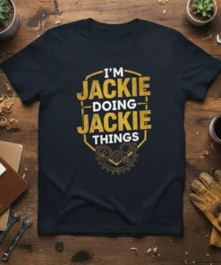 I'm Jackie Doing Jackie Things personalized name quote on a navy t-shirt with gold distressed text and gear graphic