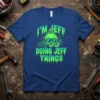 I'm Jeff Doing Jeff Things t-shirt with flaming skull graphic and gears, blue shirt