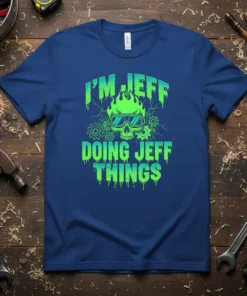 I'm Jeff Doing Jeff Things t-shirt with flaming skull graphic and gears, blue shirt