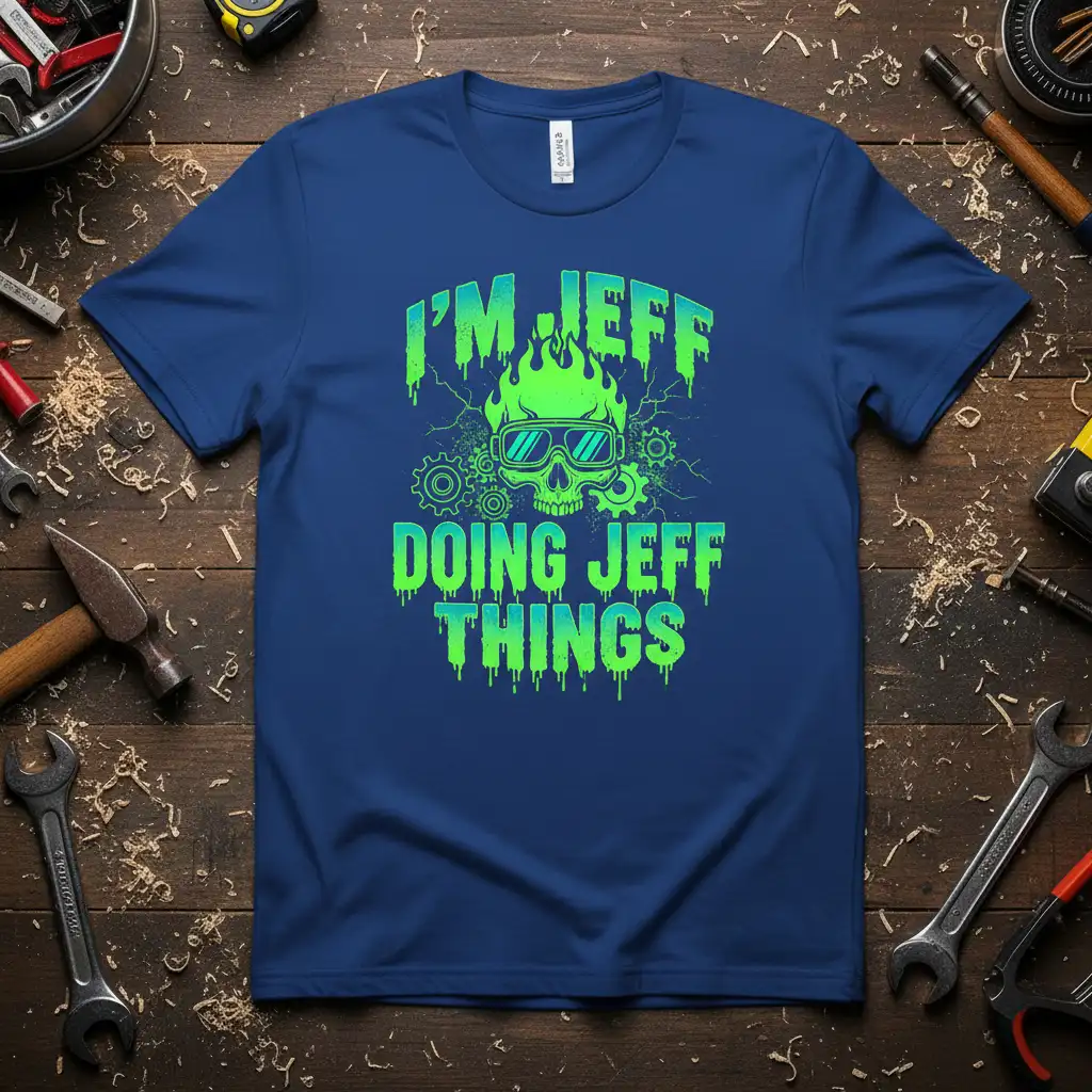 I'm Jeff Doing Jeff Things quote with flaming skull and gears design on a blue t-shirt