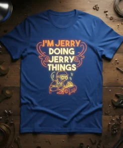 I'm Jerry Doing Jerry Things text on a blue t-shirt with a graphic of a person working on a machine