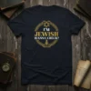 T-shirt with "I'M JEWISH WANNA CHECK?" text and Star of David graphic in gold and white