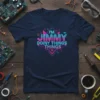 I'm Jimmy Doiny Things Things text design with neon retro circuit board style on a navy blue t-shirt