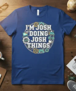 I'm Josh Doing Josh Things quote on a blue t-shirt with circular graphics of a rocket, laptop, gears, and game