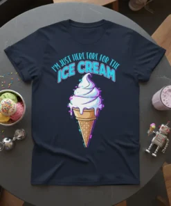 Navy t-shirt with "I'm Just Here Fore For The Ice Cream" text and a glitch-effect ice cream cone graphic