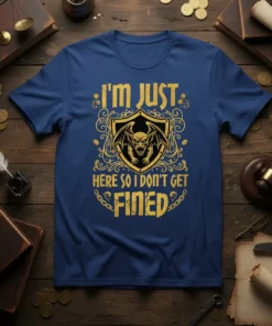 I'm Just Here So I Don't Get Fined quote t-shirt featuring a gargoyle shield graphic and distressed gold lettering