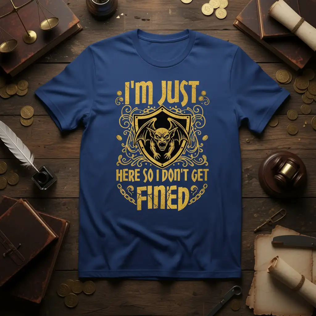 I'm Just Here So I Don't Get Fined quote in gold on navy t-shirt with gargoyle shield emblem