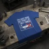 White text "I'm Just Here So I Won't Get Fined" on a blue t-shirt, with a graphic of a car