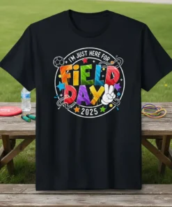 I'm Just Here For Field Day 2025 text and graphics on a black t-shirt, featuring colorful letters and sports icons