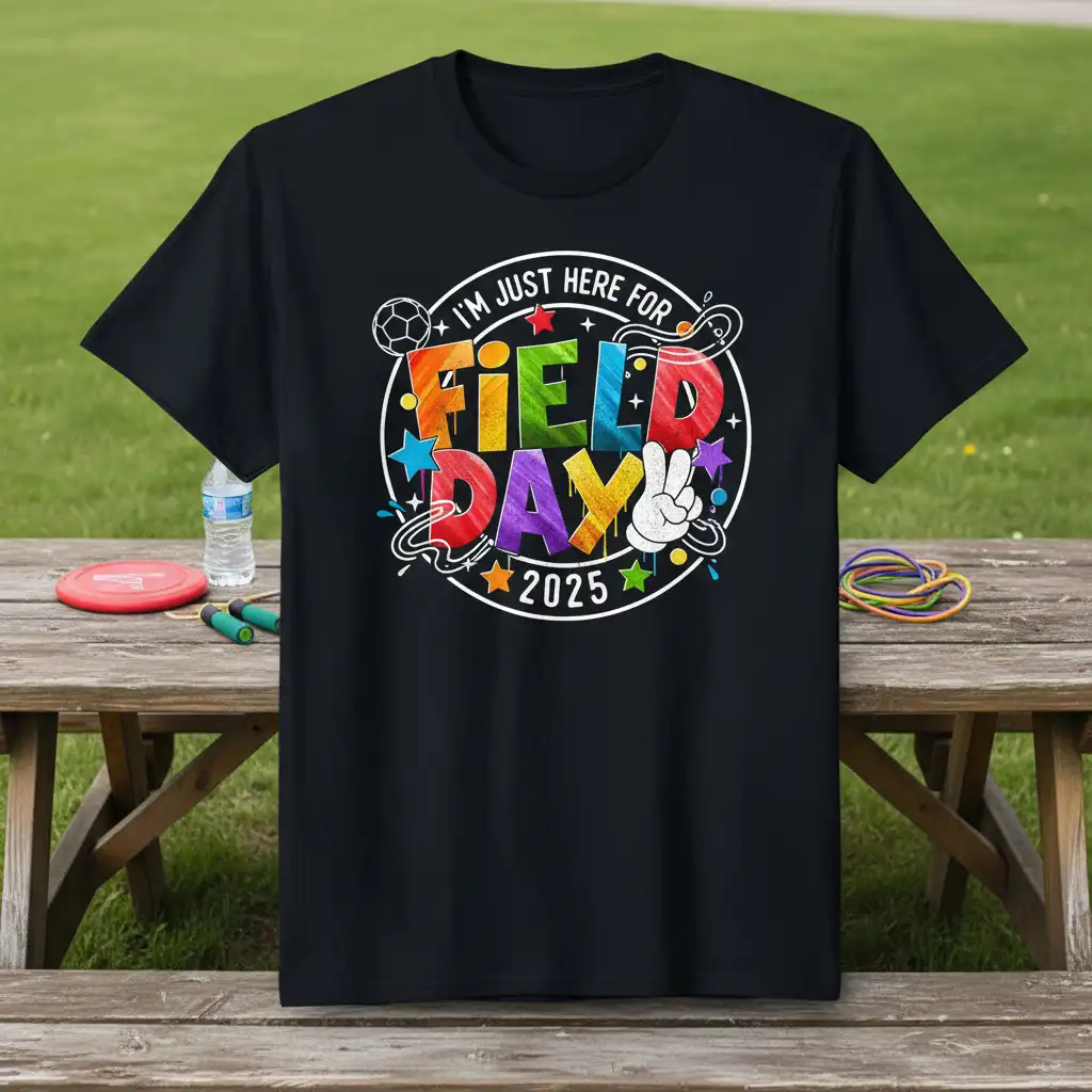 I'm Just Here For Field Day 2025 colorful quote on a black t-shirt design for school sports events