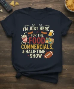I'm Just Here For The Food Commercials, & Halftime Show text with football, popcorn, hot dogs, and beer graphics on