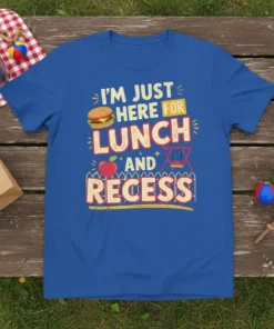 I'm Just Here For Lunch And Recess quote with burger, apple, and swing set graphic on a blue t-shirt