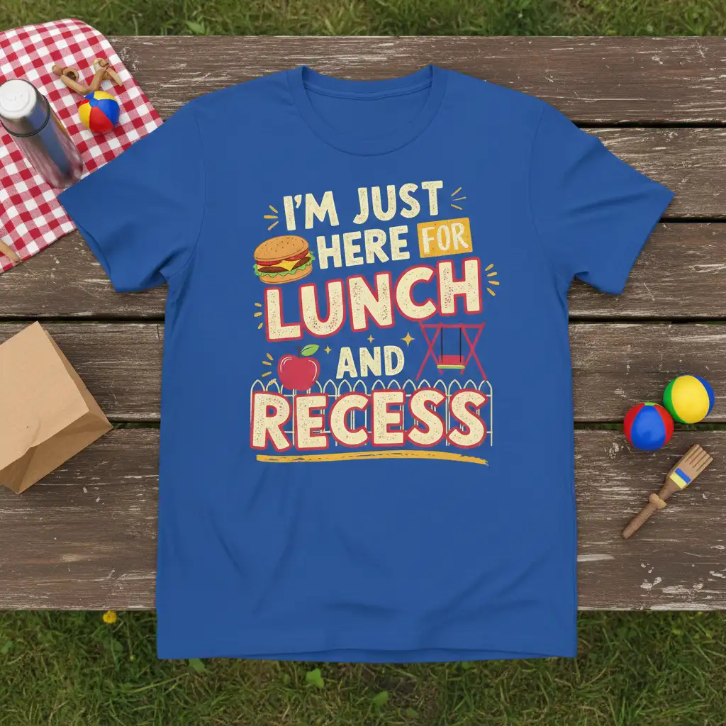I'm Just Here For Lunch And Recess quote with burger, apple, and swing set graphic on blue t-shirt