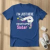 I'm Just Here For My Flippin' Sister t-shirt with white and gold geometric gymnast graphic and stars