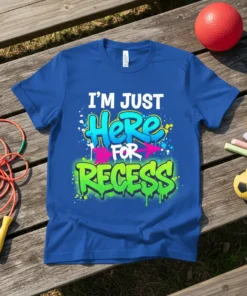 Blue t-shirt with "I'm Just Here For Recess" text in graffiti-style font, featuring colorful splatters and arrows