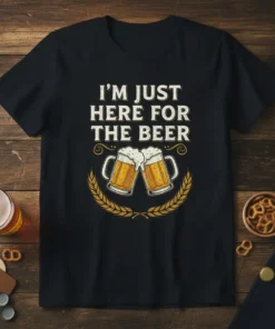 I'm Just Here For The Beer quote on a black t-shirt with graphics of two beer mugs and wheat stalks