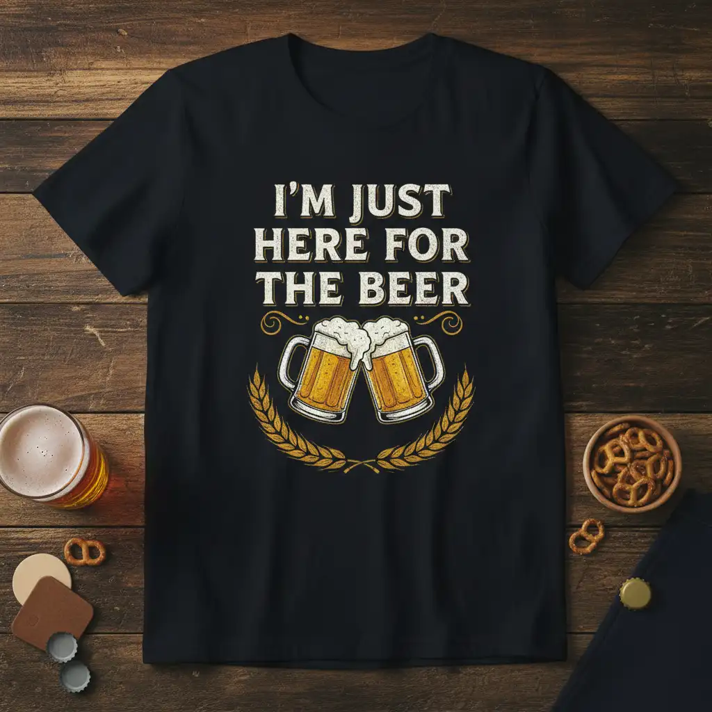 I'm Just Here For The Beer humorous quote design with two beer mugs and wheat accents