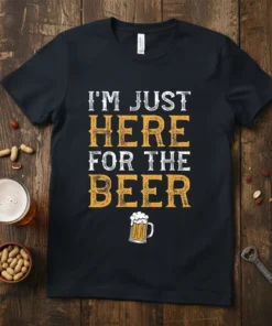 I'm Just Here For The Beer quote on a black t-shirt with a beer mug graphic