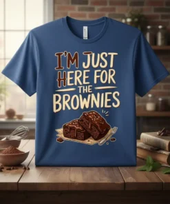 T-shirt with "I'm Just Here For The Brownies" text and graphic of two chocolate brownies