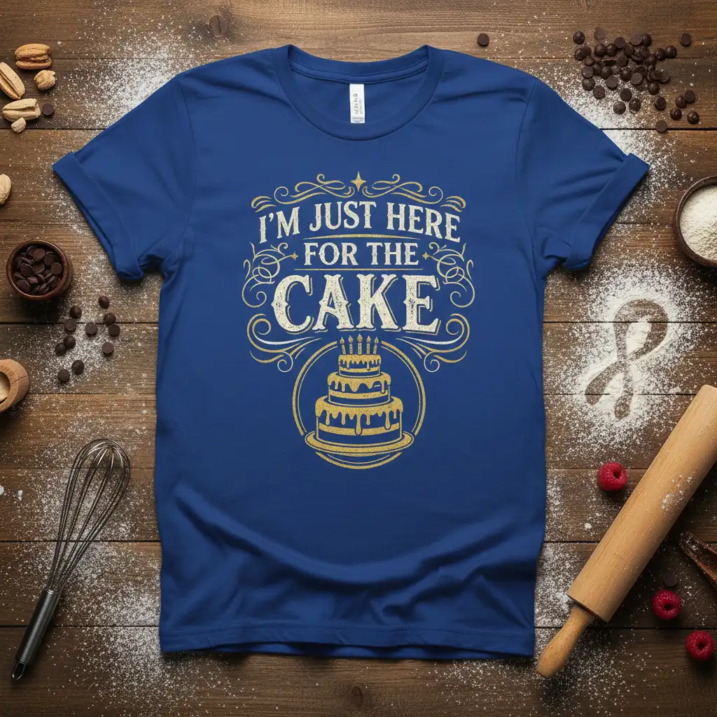 I'm Just Here For The Cake quote with vintage typography and a festive tiered cake graphic