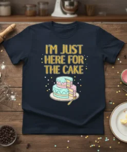 I'm Just Here For The Cake quote with a colorful tiered cake graphic on a navy blue t-shirt