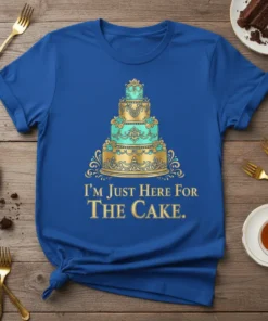 Blue t-shirt with ornate gold and teal tiered cake graphic and text "I'm Just Here For THE CAKE."