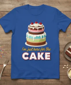 I'm Just Here For The Cake quote on a royal blue t-shirt with a stacked cake graphic