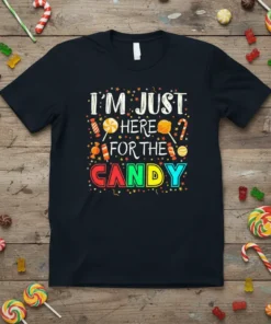 I'M JUST HERE FOR THE CANDY text design with colorful candy graphics and stars on a black t-shirt