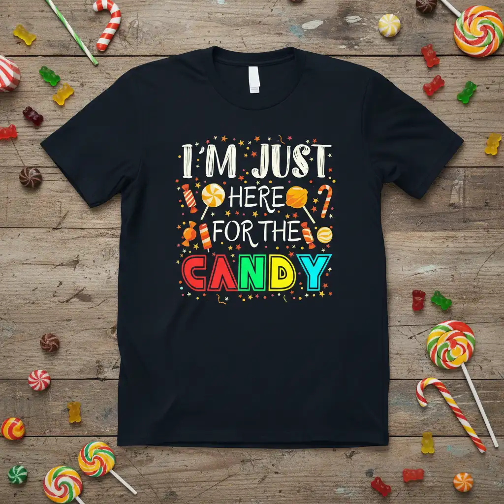 I'm Just Here For The Candy quote with lollipops and candy canes on a black t-shirt