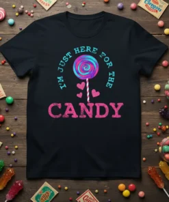 I'm Just Here For The Candy t-shirt with a large colorful lollipop and pink hearts graphic